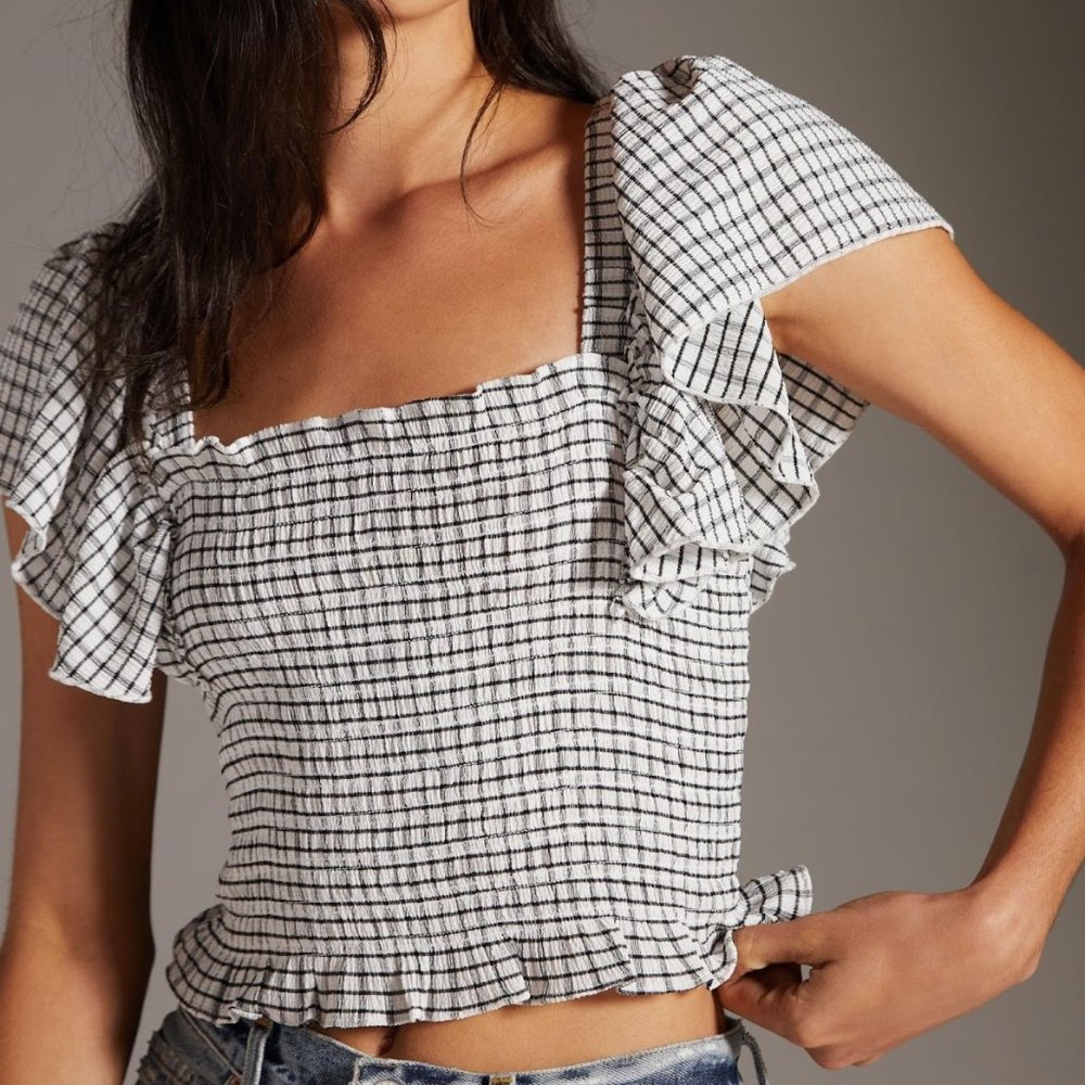 Maeve Anthropologie Crinkle Gingham Smocked Top